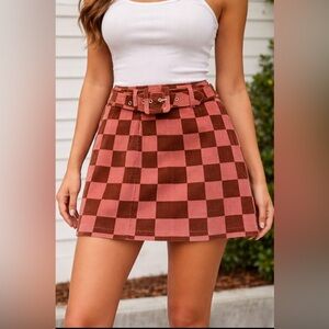 Wild Fable Checkerboard Corduroy Mini Skirt with Belt - Pink & Brown - Size 14